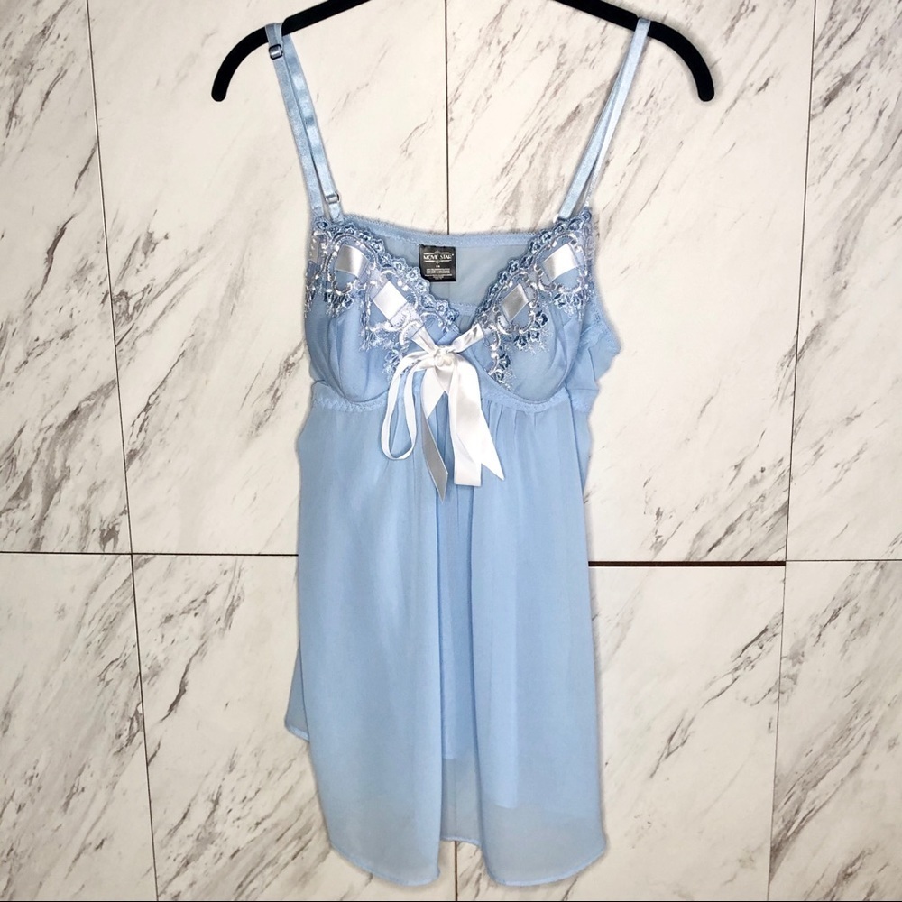 3/$60 Vintage Y2K Movie Star Baby Blue Sheer Babydoll Chemise Lingerie Set SZ L